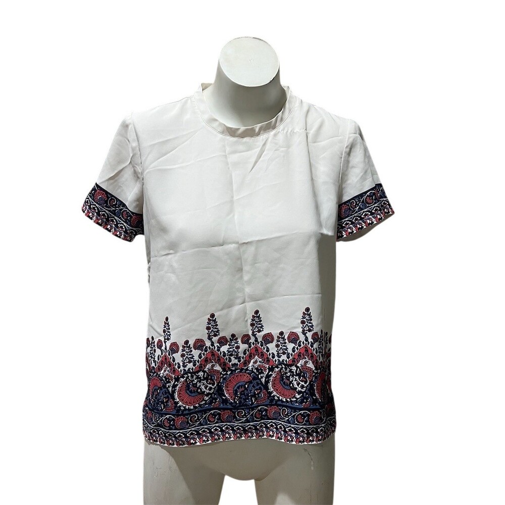 LOFT Petites Blouse Womens Size SP White Paisley Border Short Sleeve Tunic